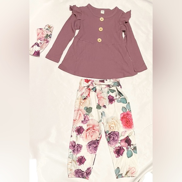 Other - Sz 3T (100) 3 pcs girls pink  floral long sleeve pants with head band NW